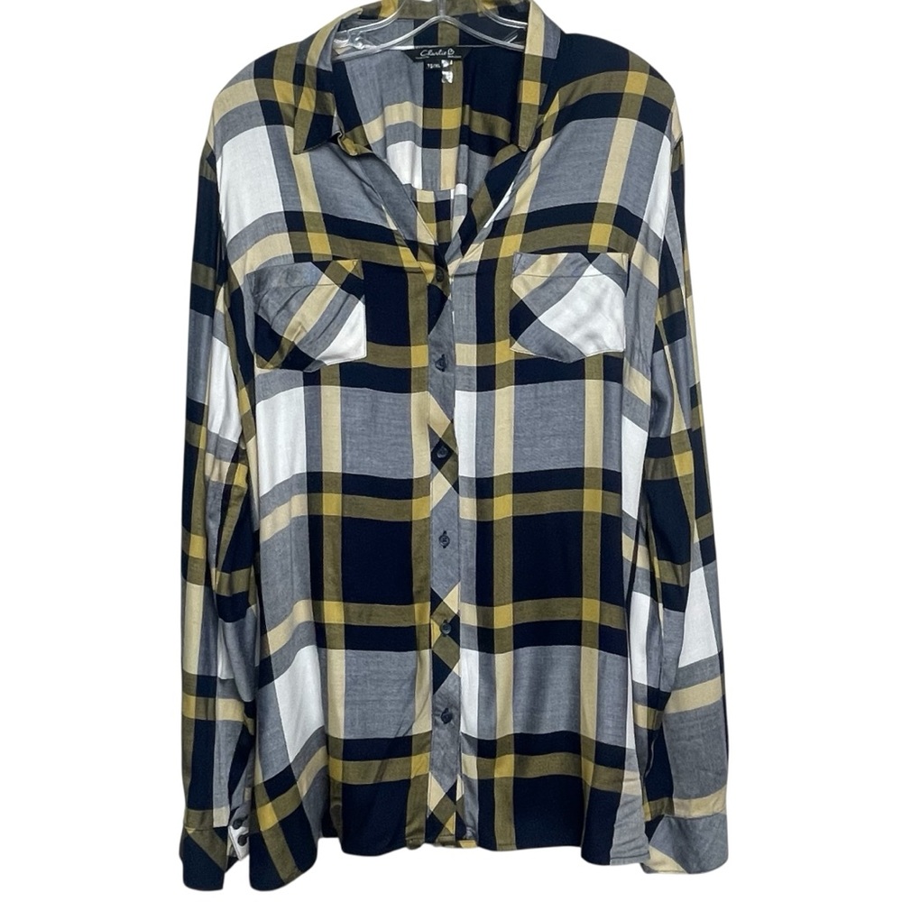 CHARLIE B Blue White Yellow Plaid Roll Tab Long Sleeve V Neckline Button Down XL